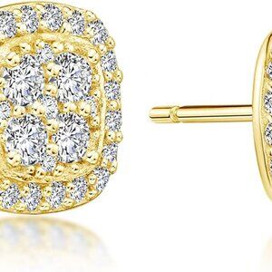 14K Gold Plated Hypoallergenic Cubic Zirconia Square Round Halo Stud Earrings fo
